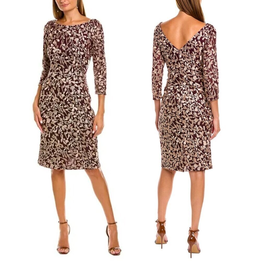 JS Collections Size 6 Maroon Purple Embroidered Fitted 3/4 Sleeve Sheath Dress